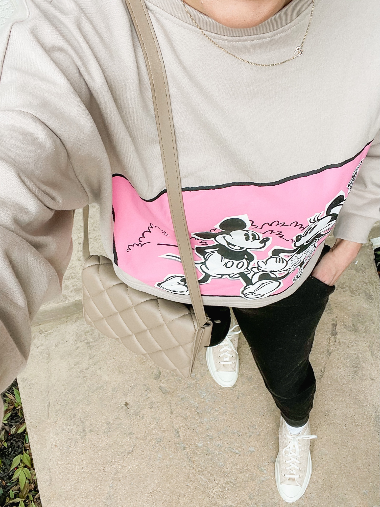 Very casual winter outfit, Valentine’s Day Disney sweatshirt from target, the softest black sweatpants from Walmart, sherpa platform high-top converse, quilted crossbody bag, baublebar disney necklace 

#LTKstyletip #LTKshoecrush #LTKFind
