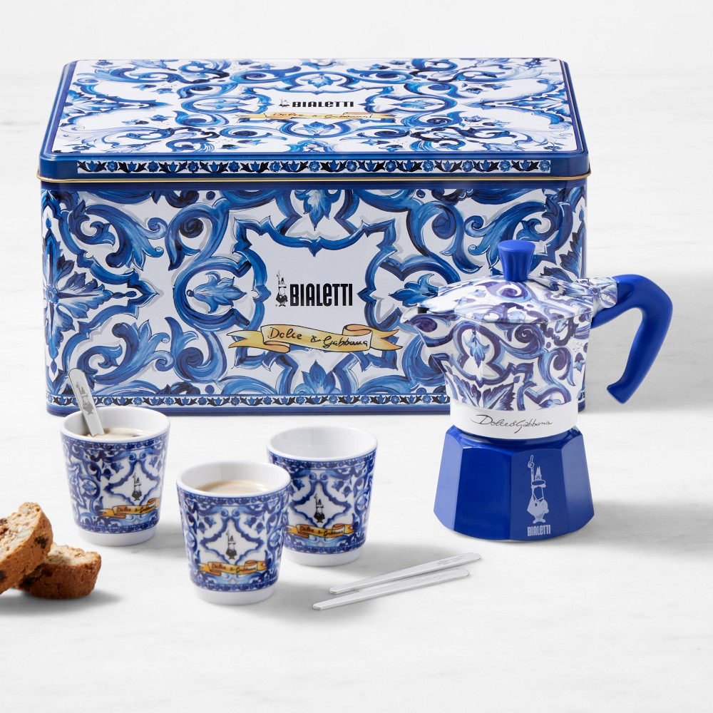 Bialetti Moka Dolce &amp; Gabbana 3-Cup + 3 Espresso Cups &amp; Stirrers Gift Set, Blu Mediterran... | Williams-Sonoma