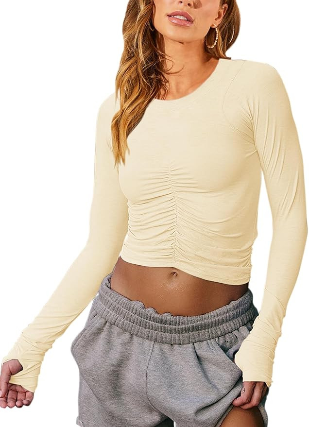 Vivitulip Women’s Long Sleeve Shirts Basic Fall Ruched Slim Fitted Crop Tops Tight Athletic Blo... | Amazon (US)