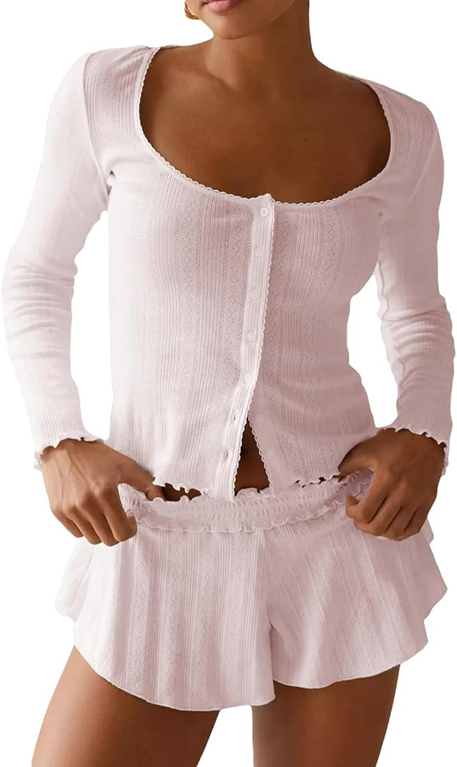 SOLILOQUY Women Ribbed 2 Pieces Pajama Set Long Sleeve Lettuce Trim Crop Top and Mini Shorts Matching Sleepwear Y2K Outfits | Amazon (US)