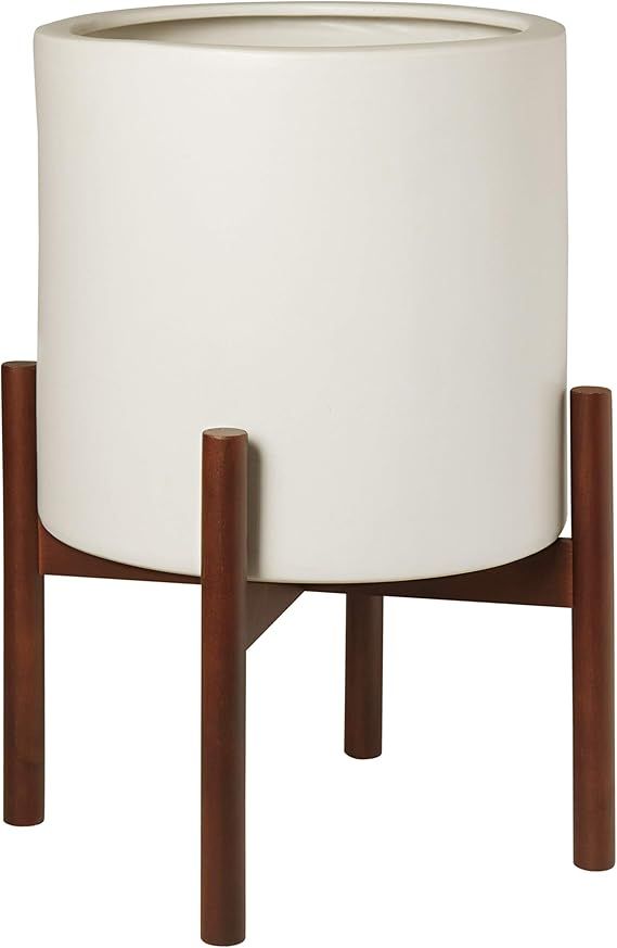 Amazon Brand – Rivet Surrey Modern Ceramic Planter Pot with Wood Plant Stand, 17"H, White | Amazon (US)