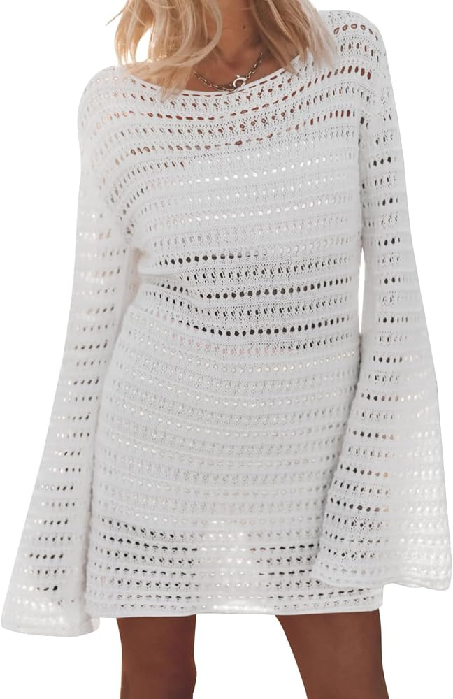 Saodimallsu Womens Crochet Swimsuit Coverup Crewneck Hollow Mini Dresses Long Sleeve Beach Bathin... | Amazon (US)