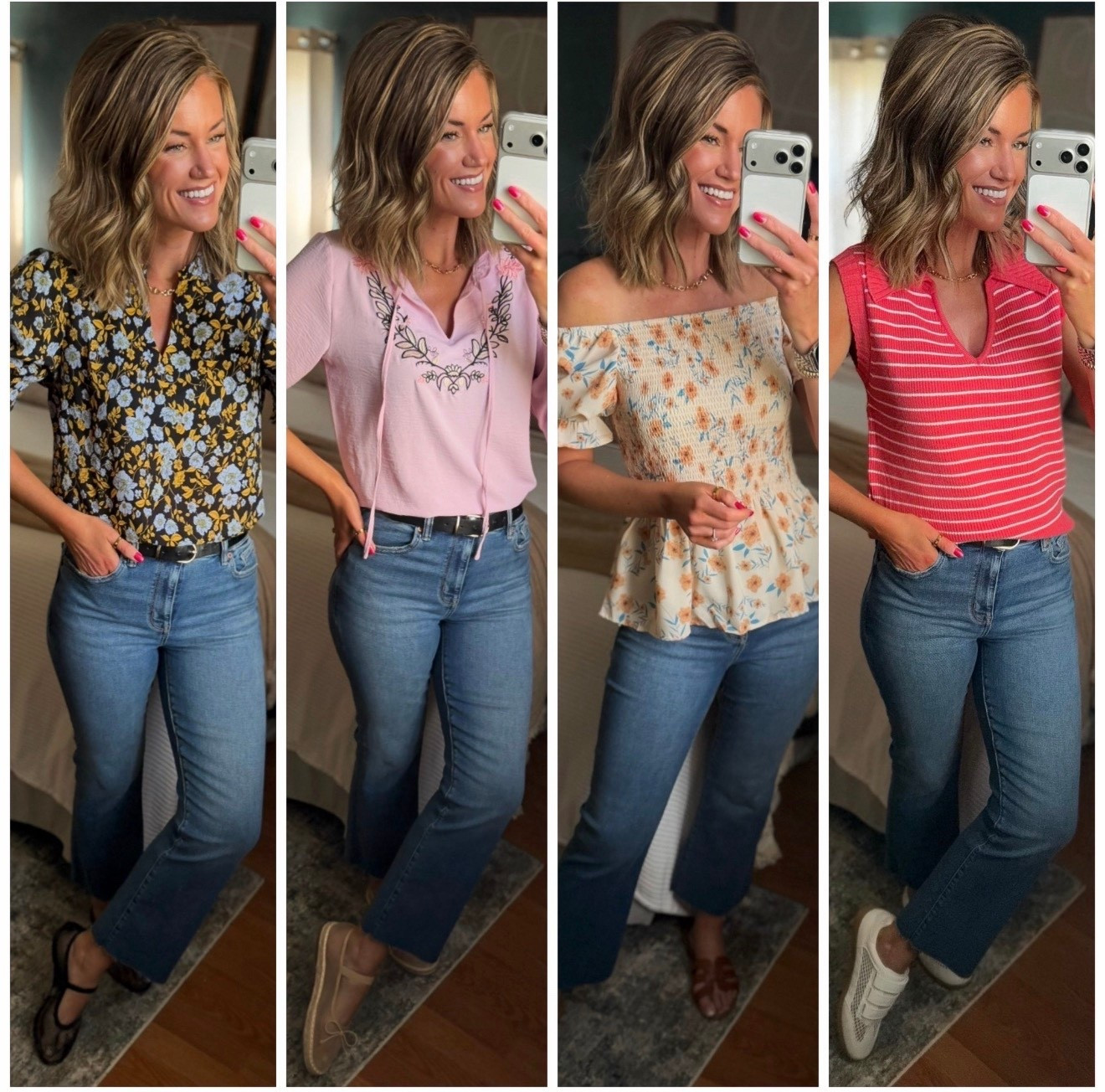New Amazon tops perfect for Spring. 
Wearing small in all styles besides the yellow off the shoulder top. Wearing medium. 
Jeans 6, size down if between due to stretch  

#LTKSeasonal #LTKootd #LTKOver40