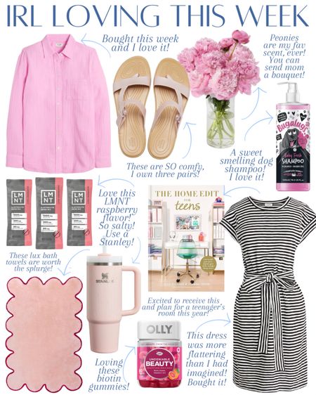 Favorites! Amazon home Jcrew Factory new arrivals Crocs Tulum sandals (so comfy!) Peony Mother’s Day delivery black and white stripe tie dress scalloped bath towels and bathmat The Home Edit teen organization book Olly biotin beauty gummies dog shampoo Amazon finds LMNT Stanley cups 

#LTKhome #LTKstyletip