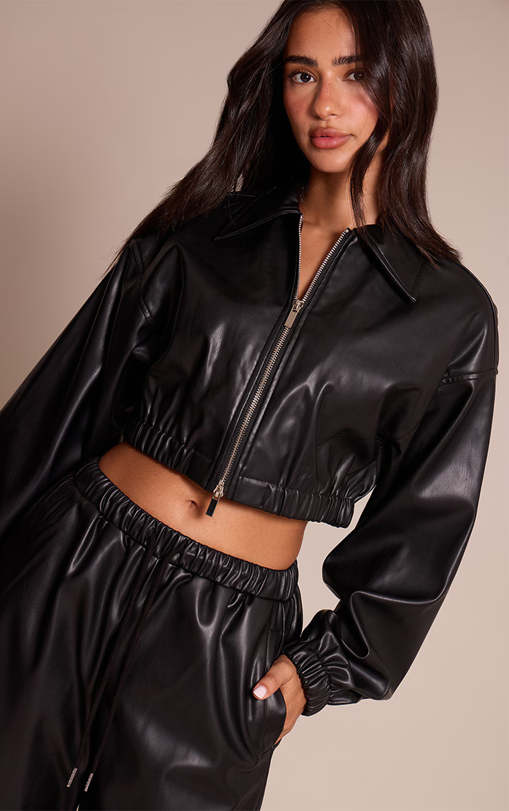 Petite Black Faux Leather Cropped Zip Up Jacket | PrettyLittleThing US