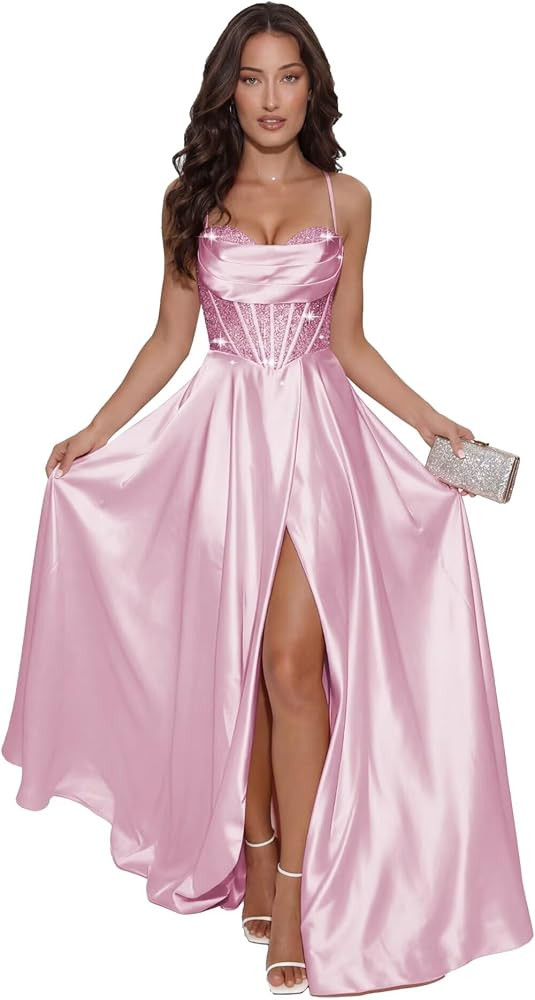 Satin Prom Dresses with Slit Spaghetti Straps Sequin Corset A Line Formal Dress OE146 | Amazon (US)