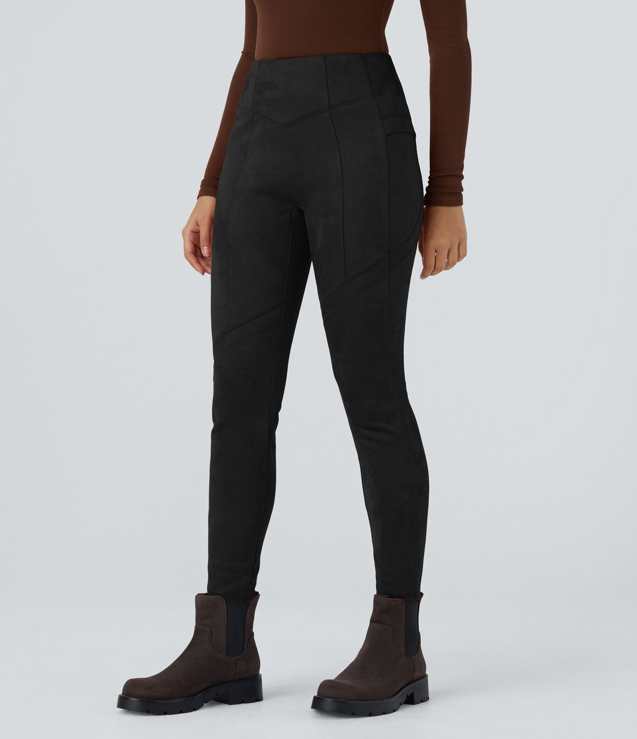 Halara High Waisted Pocket Ankle Length Suede Casual Leggings - Black - XS(7/8) gym leggings leggings with pockets leggings with butt lift | HALARA