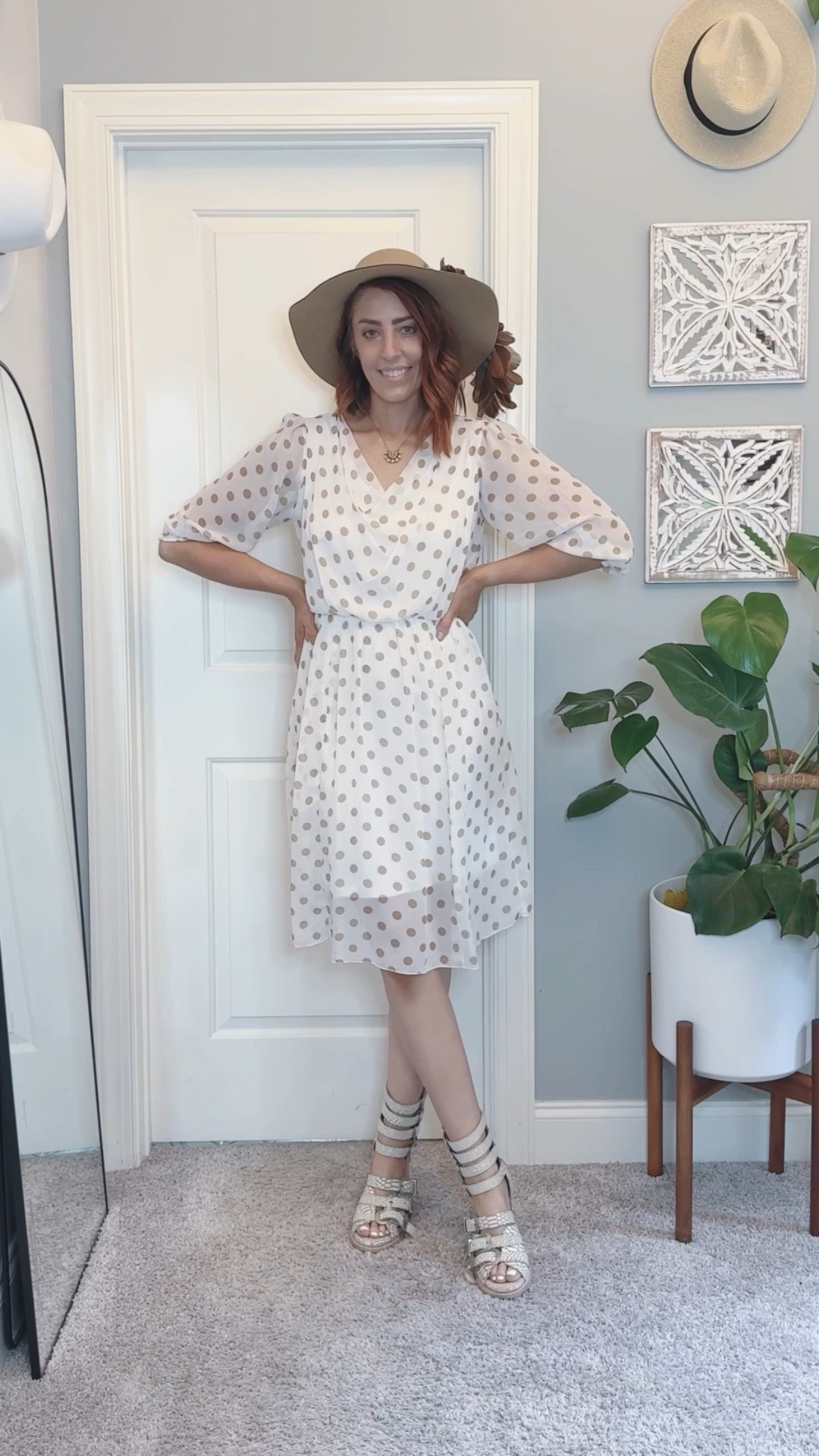 This outfit is pure boho-chic with a dash of Alexis Rose flair! The white and tan semi-sheer polka dot dress hits right at the knee and features a flattering cinched waist and breezy half-length sleeves that keep it light and effortless. I paired it with a flopping brown boho hat adorned with a delicate feather—hello, Schitt’s Creek vibes!—and finished off the look with cute, chunky platform gladiator sandals by Freebird. Perfect for a sunny day out, brunch with friends, or just feeling effortlessly stylish with a little playful edge.
 

 #LTKMidsize #LTKStyleTip #LTKShoeCrush