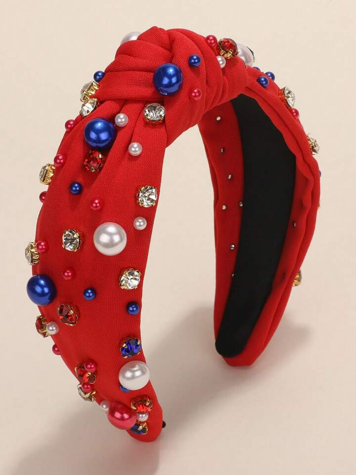 1pc Women Red White Blue Pearl & Rhinestone Top Knot Independence Day Headband | SHEIN