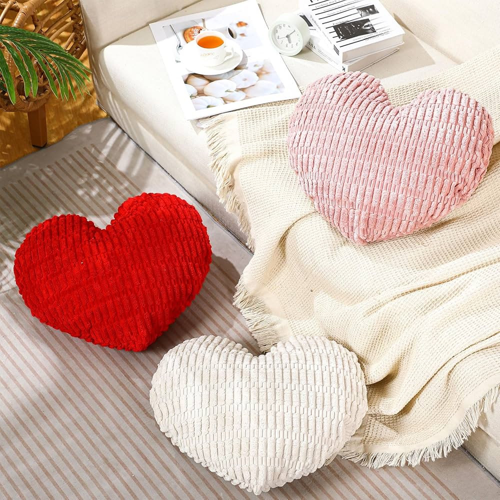 3 Pcs 16 Inch Valentines Heart Shaped Pillow Corduroy Decorative Throw Pillows Plush Cute Fluffy ... | Amazon (US)