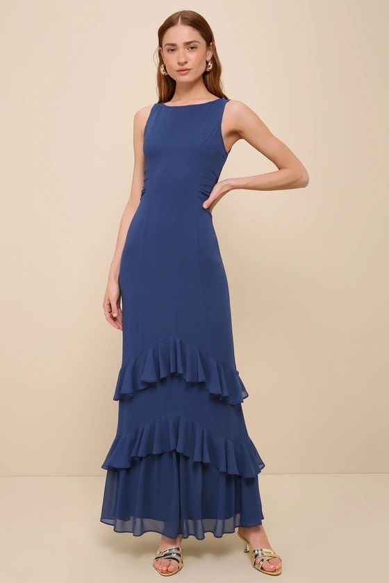 Lovely Arrival Dark Blue Chiffon Ruffled Tiered Maxi Dress | Lulus