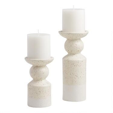 White And Natural Speckle Ceramic Pillar Candle Holder | World Market