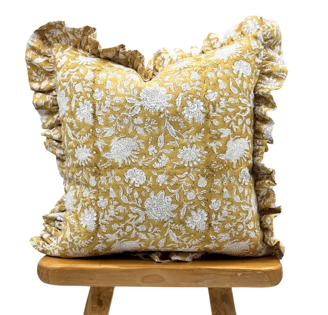 Designer Floral Yellow on off White Linen Pillow Cover, Yellow Pillow Cover, Ruffled Pillow, Farm... | Etsy (US)