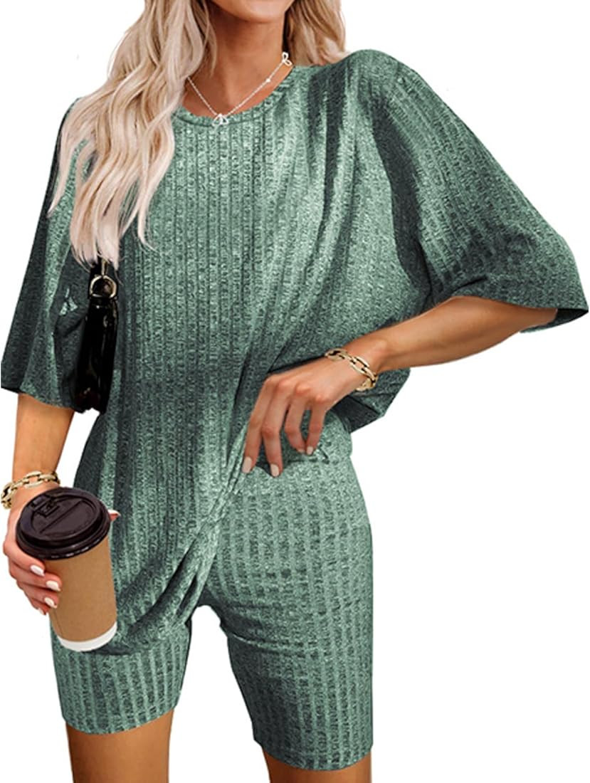 Ribbed Knit Lounge Set for Women Pajama Set 2 Piece Outfits Oversized T-Shirt and Biker Shorts Se... | Amazon (US)