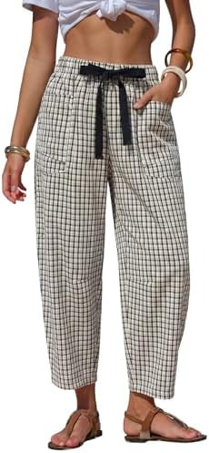 EXLURA Womens Faux Linen Striped Barrel Pants Comfy Drawstring Capri Pant with Pockets Summer Bea... | Amazon (US)