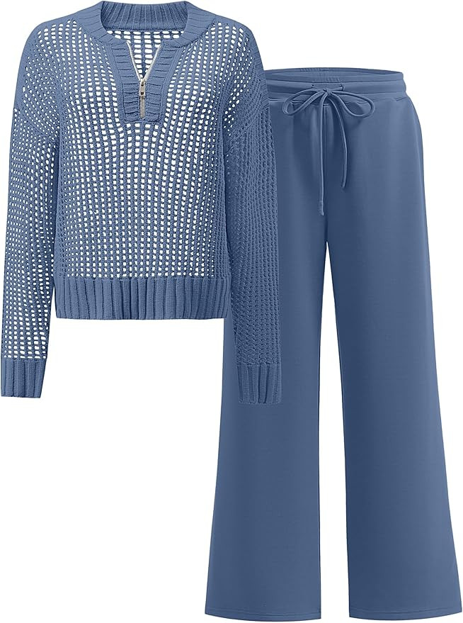 ANRABESS Womens 2 Piece Outfits 2025 Fall Crochet Knit Half Zip Sweater Top Wide Leg Pant Travel ... | Amazon (US)