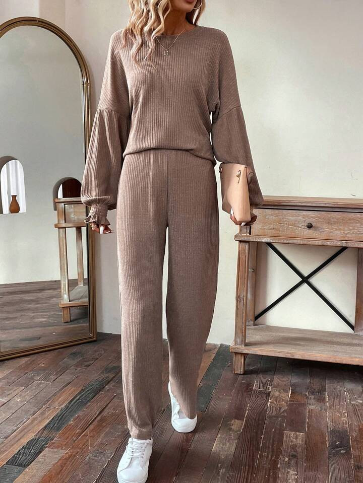 SHEIN LUNE Round Neck Lantern Sleeve Top And Pants Two Piece Set | SHEIN