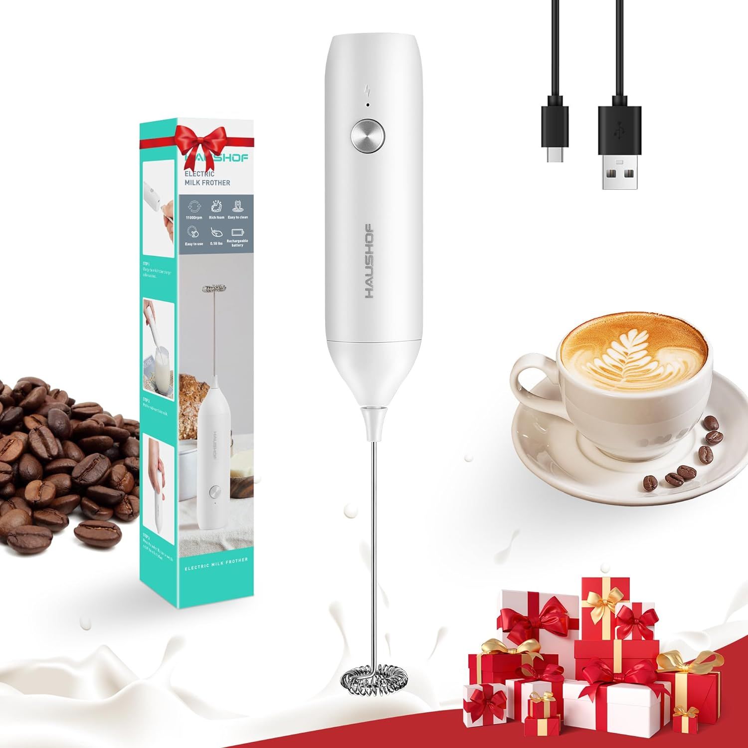 HAUSHOF Powerful Rechargeable Milk Frother, Handheld USB Type-C Electric Foam Maker for Coffee La... | Amazon (US)