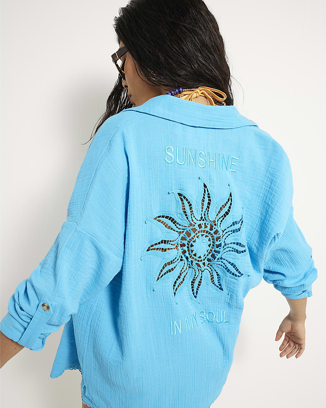 Blue Sun Embroidered Oversized Beach Shirt | River Island UK & IE