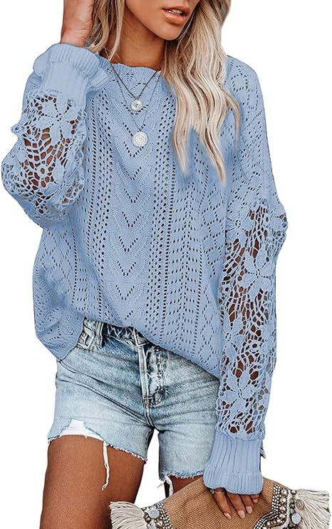 Dokotoo Womens Crewneck Crochet Lace Long Sleeve Hollow Out Cable Knit Pullover Sweaters Tops | Amazon (US)