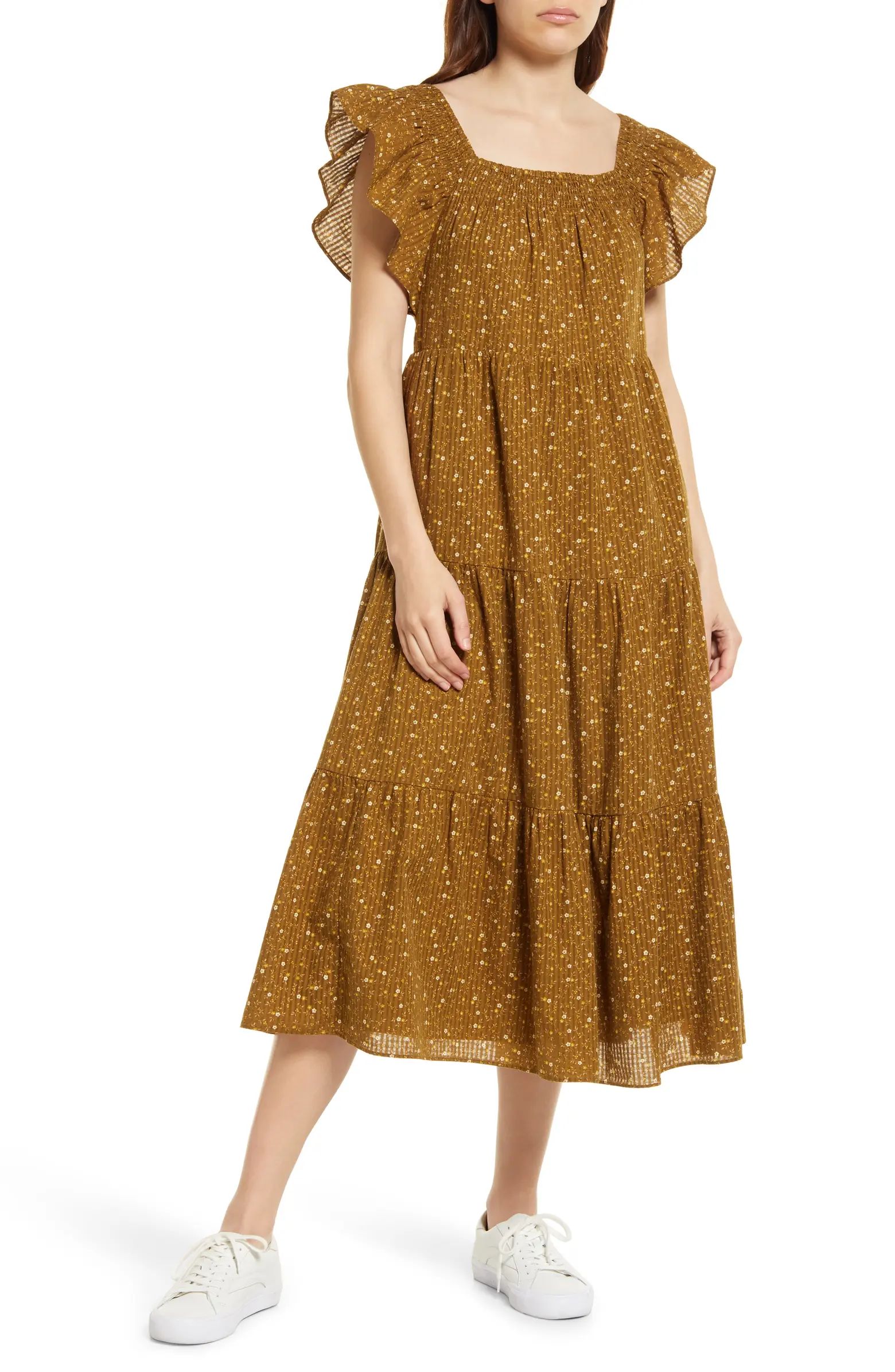 Madewell Daisy Stitch Ruffle Sleeve Tiered Midi Dress | Nordstrom | Nordstrom
