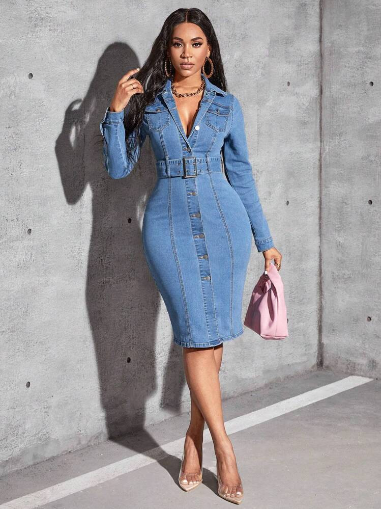 SHEIN SXY Button Front Belted Bodycon Denim Dress | SHEIN