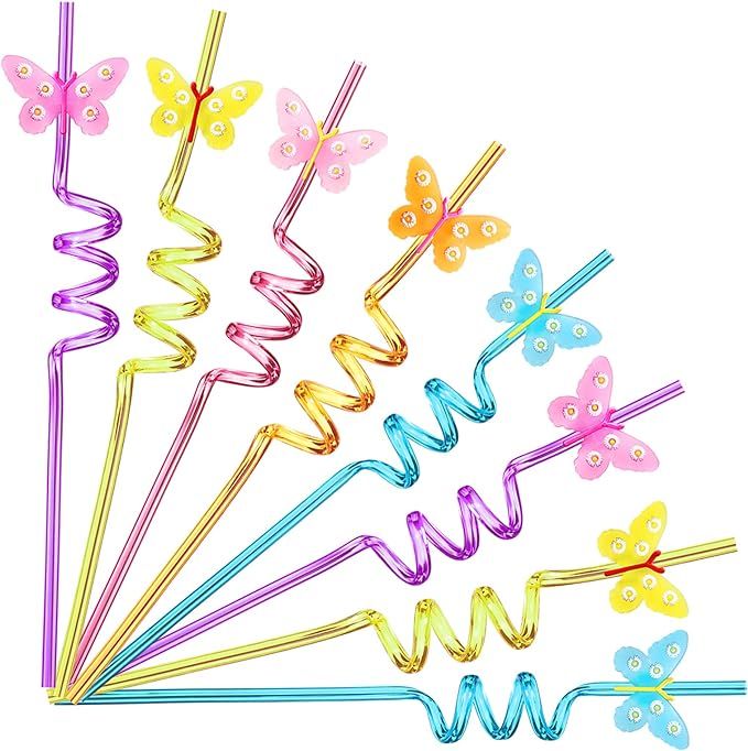 25 Reusable Butterfly Straws for Butterfly Birthday Party Supplies Favors with 2 Cleaning Brushes | Amazon (US)