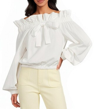 A Loves A Woven Ruffle Collar Split V-Neck Flutter Cap Sleeve Cropped Blouse | Dillard's | Dillard's