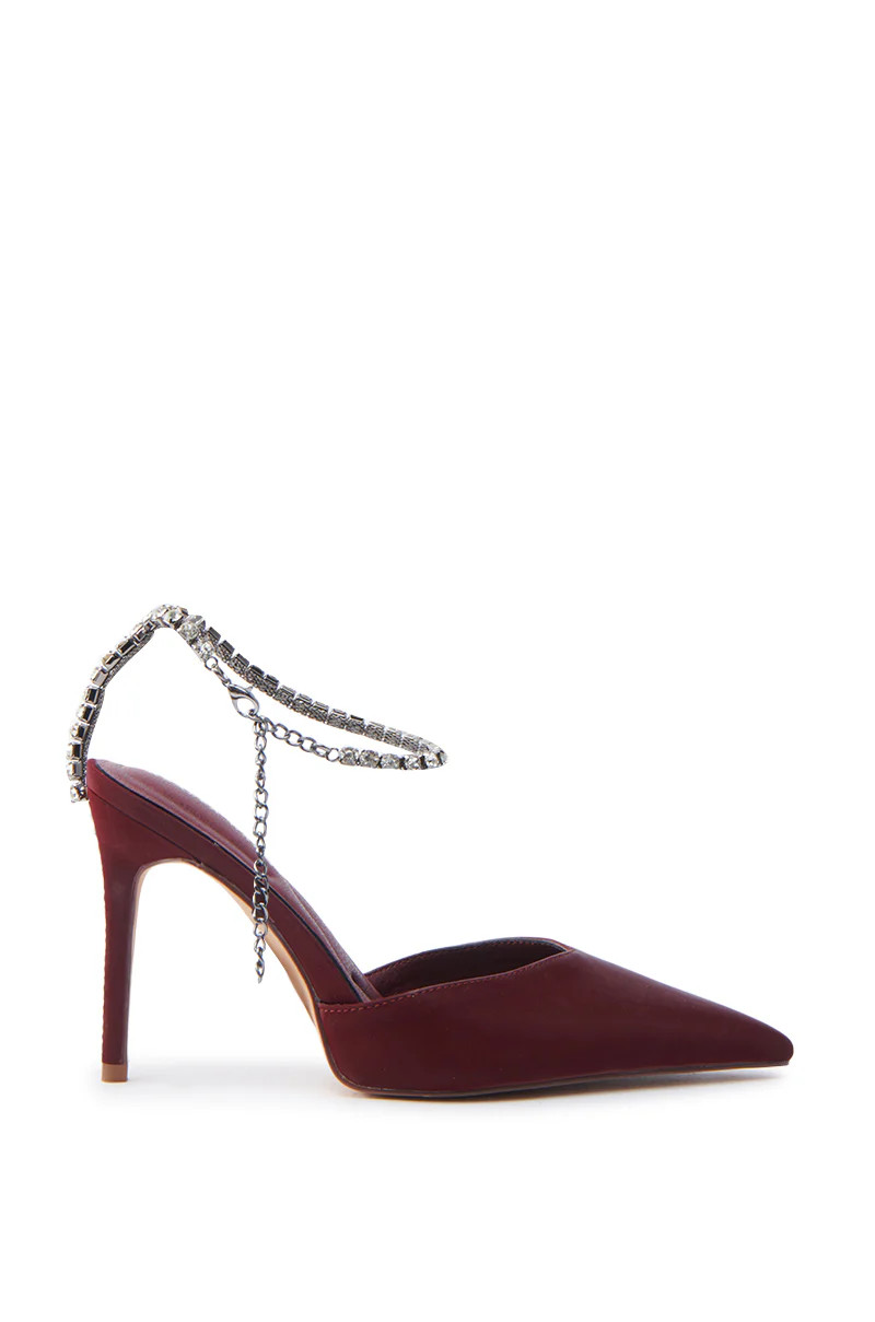 RABINDRA-BURGUNDY JEWELED ANKLE STRAP STILETTO PUMP | Azalea Wang