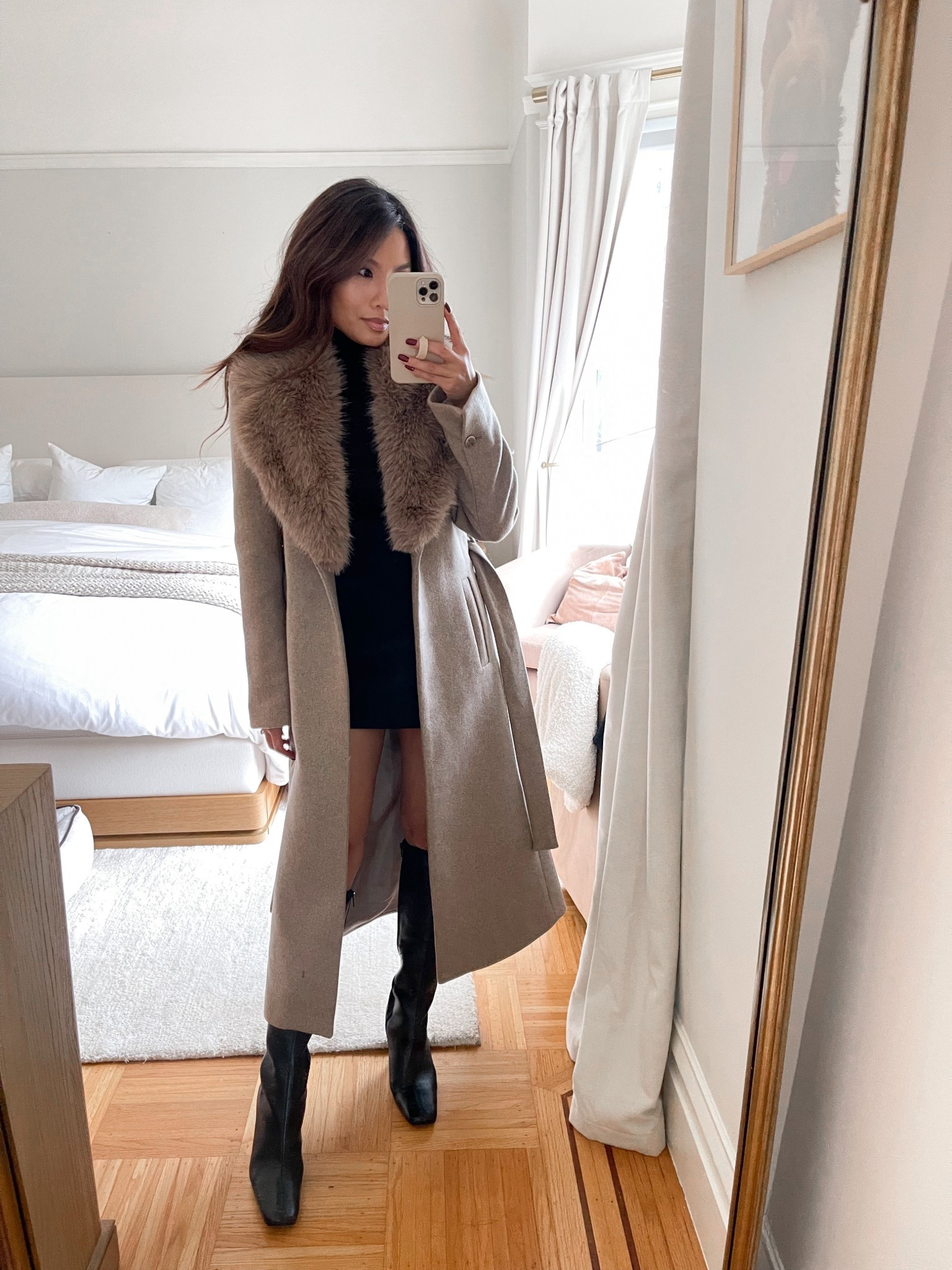 Loooove this faux fur tie coat!! So luxe and the collar is removable

Sizing:
Coat - tts, xs
Turtleneck - tts, xs

Skort - tts, xs
Boots - tts 

#LTKPetite #LTKFindsUnder50