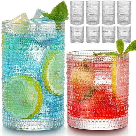Vintage Hobnail Drinking Glasses Set of 8, 12 oz Highball Glasses & 10 oz Cocktail Glasses Set, Kitchen Water Glasses Cup, Bar Tumbler Glassware Set for Beer, Juice, Cocktail, Whiskey, Milk | Walmart (US)
