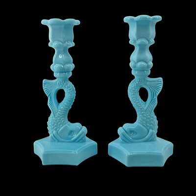 Pair Westmoreland Blue Milk Glass 9.5" Candle Stick Holders Koi Fish Dolphin Sea  | eBay | eBay US