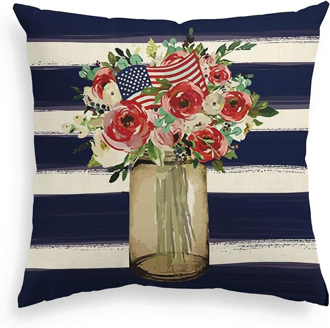 AVOIN colorlife Watercolor Stripes Flower Vase American Flag Throw Pillow Cover, 18x18 Inch Patri... | Amazon (US)