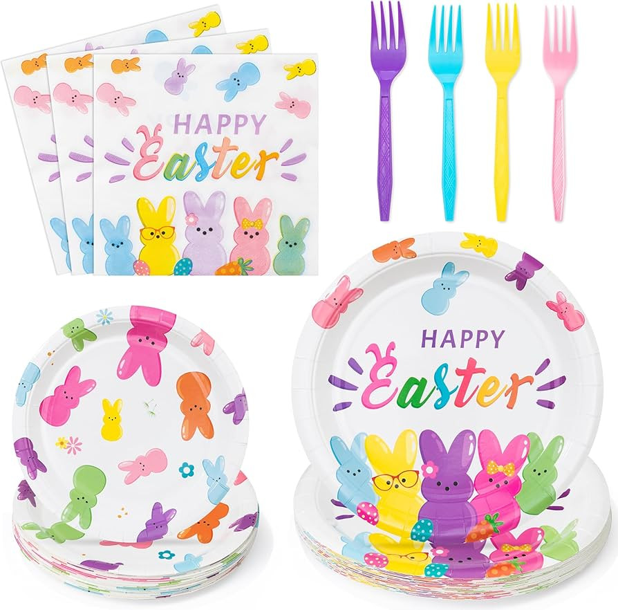 Easter Bunny Happy Easter Rabbits Party Plates Supplies - Serves 24-96Pcs Party Tableware Decorat... | Amazon (US)