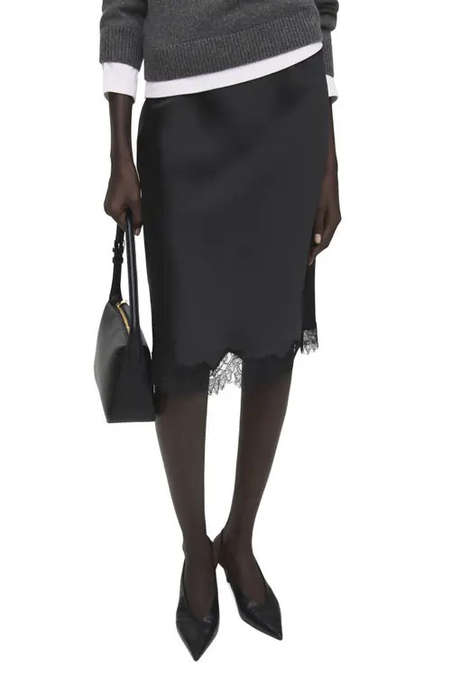 MANGO Lace Trim Satin Midi Skirt in Black at Nordstrom, Size Medium | Nordstrom