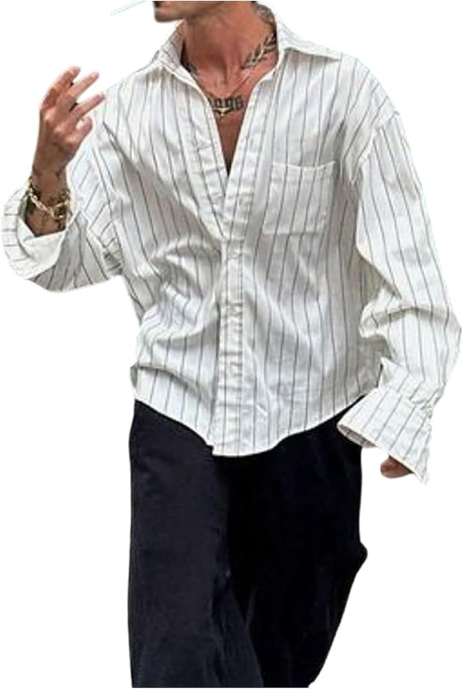 GORGLITTER Men's Striped Button Down Shirt Long Sleeve Collar Business Casual Beach Wedding Dress... | Amazon (US)