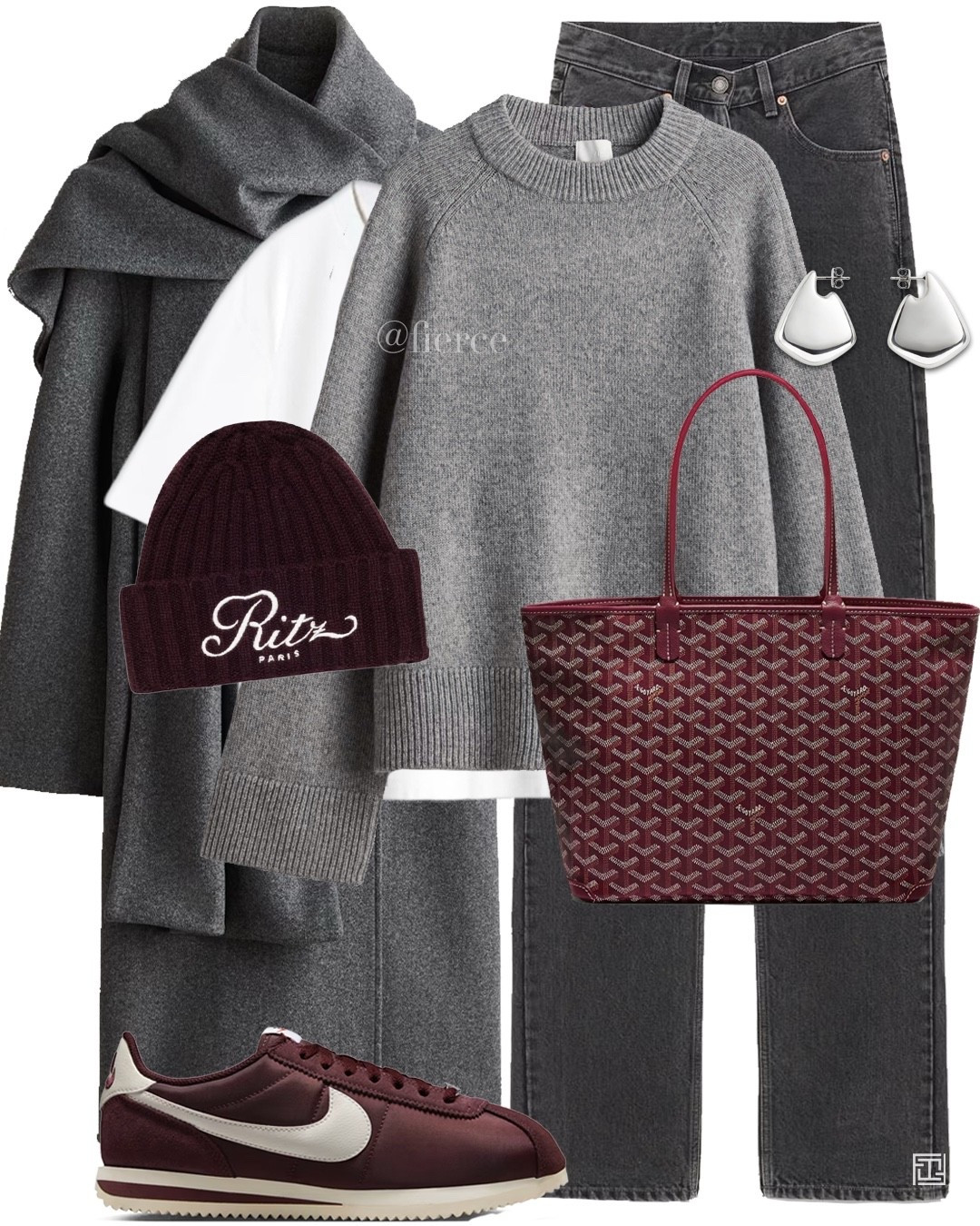 Grey scarf coat grey jeans goyard burgundy bag burgundy Nike Cortez grey jumper white Tshirt casual chic outfit 

#LTKuk #LTKwinter #LTKeurope