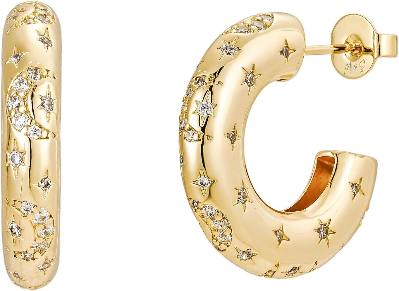 Chunky Hoops - Gold Chunky Hoop Earrings - 18K Gold Plated Chunky Gold Hoop Earrings with Celestial Moon and Star Details - Chunky Hoop Earrings by Malibu | Amazon (US)