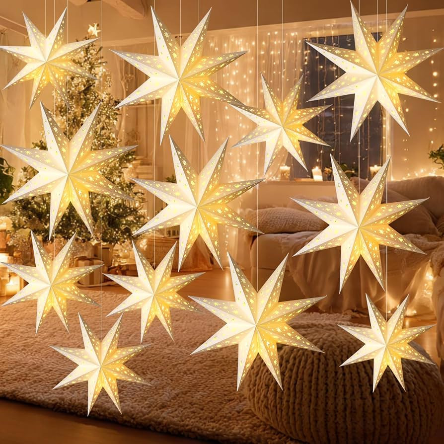 12 Pcs Christmas Paper Star Lantern with Light, White, 8 Pointed | Amazon (US)