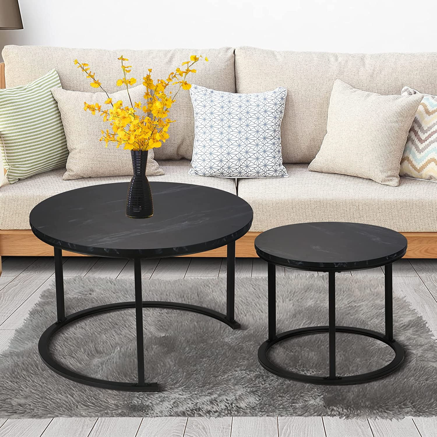 BIGTREE Modern Round Nesting Coffee Table Set 2pc Solid Metal Frame Black | Walmart (US)