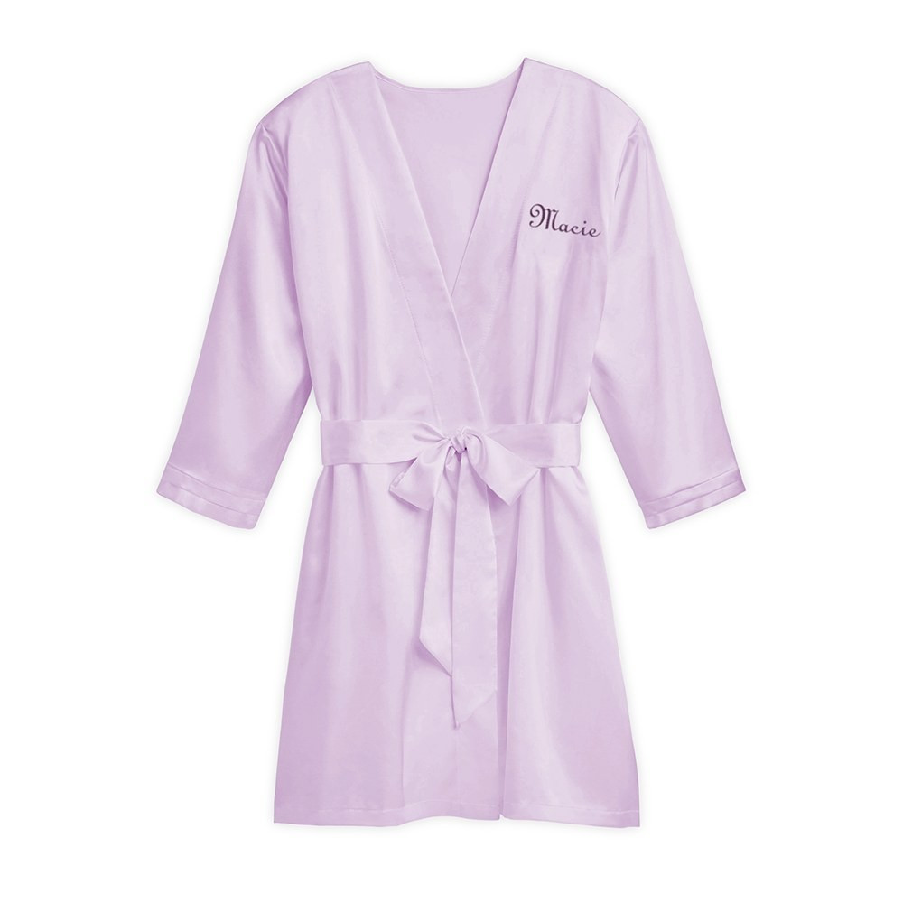 Women's Personalized Embroidered Satin Robe With Pockets - Lavender / Light Purple | The Knot 