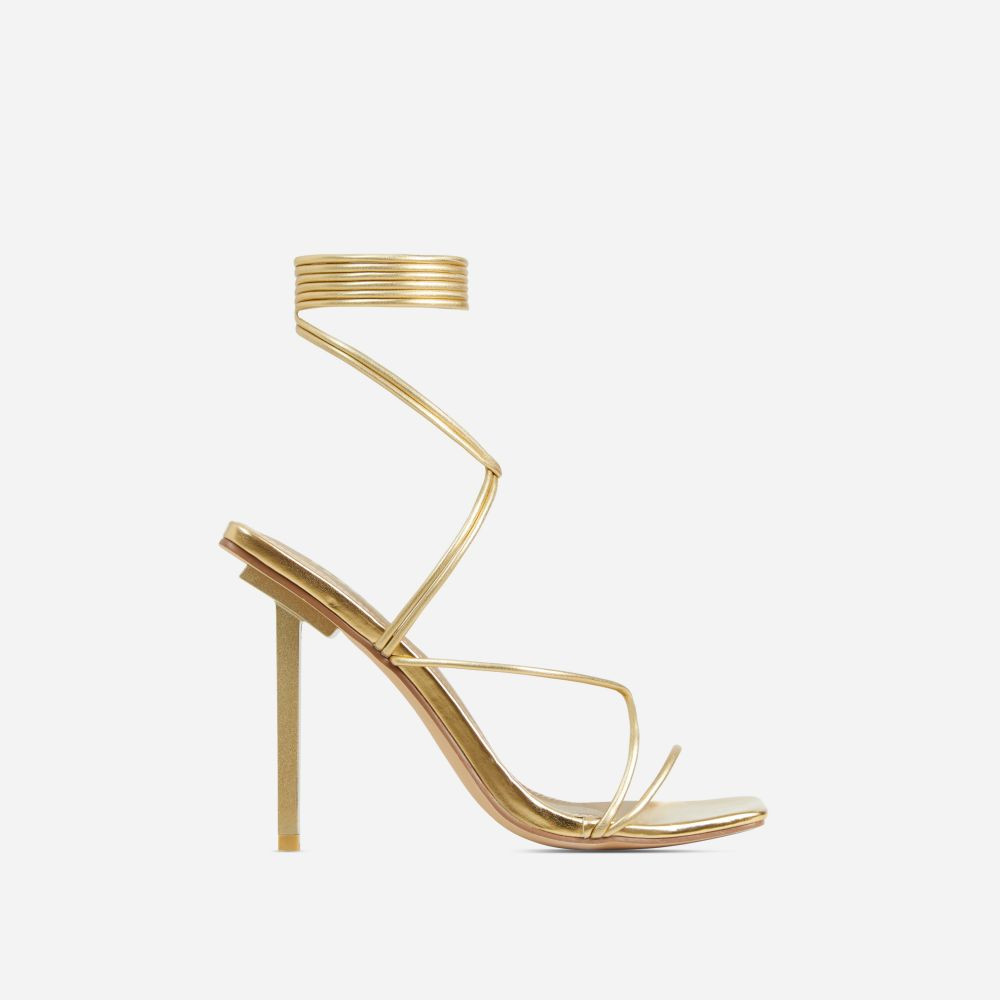 Zoe-Lee Lace Up Twisted Detail Double Strap Square Toe Heel In Gold Faux Leather | EGO Shoes (US & Canada)