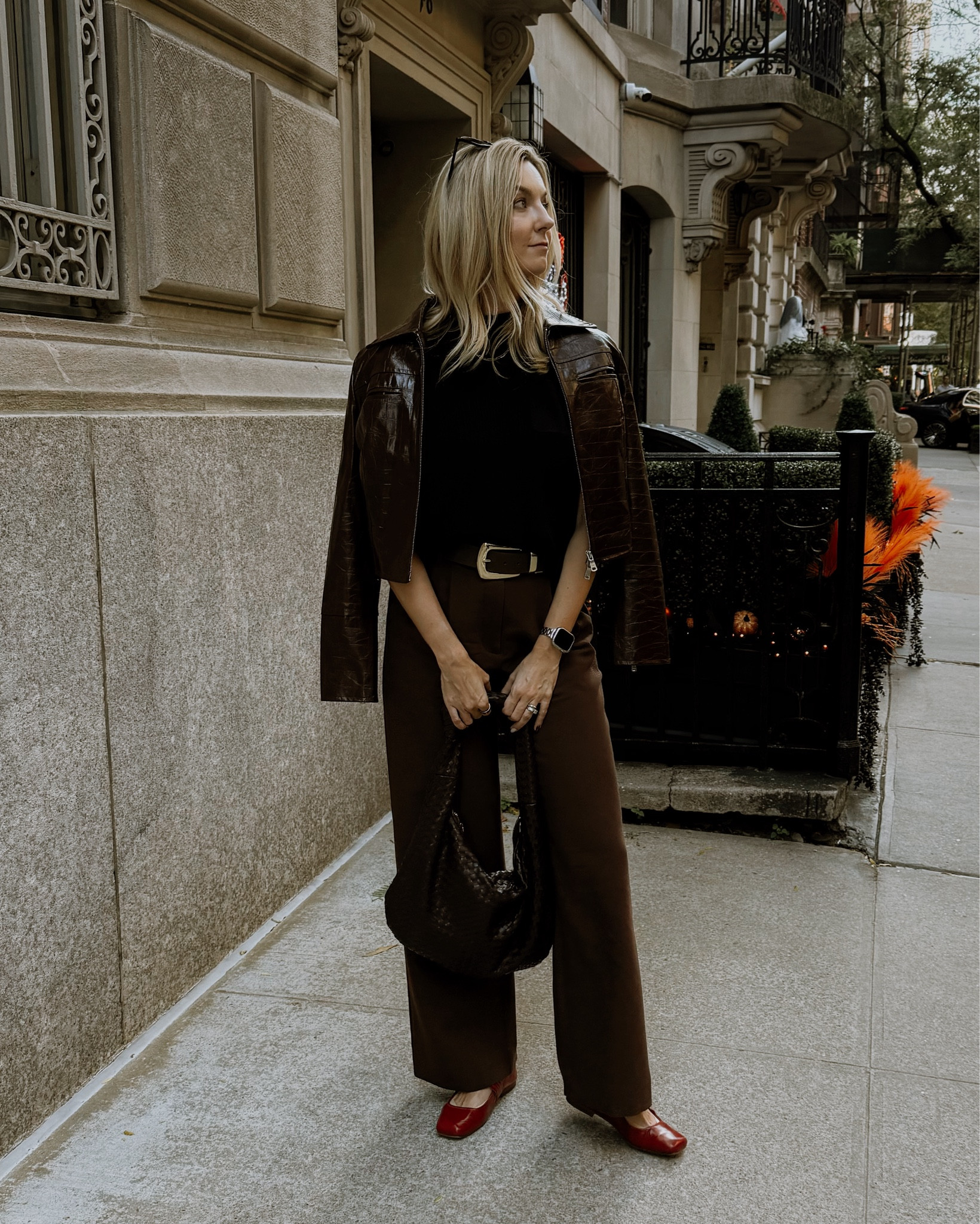 Brown FALL OUTFIT
Brown all fall long 🤎👜
Brown straight leg pants, brown belt, cherry ballerinas, black sweater, brown jacket, leather jacket, brown pants, office pants 

#LTKWorkwear #LTKStyleTip #LTKSeasonal