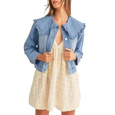 Takaneo Womens Denim Jacket Peter Pan Collar Cute Cropped Long Sleeve Shirts Jean Coat wi… | Amazon (US)
