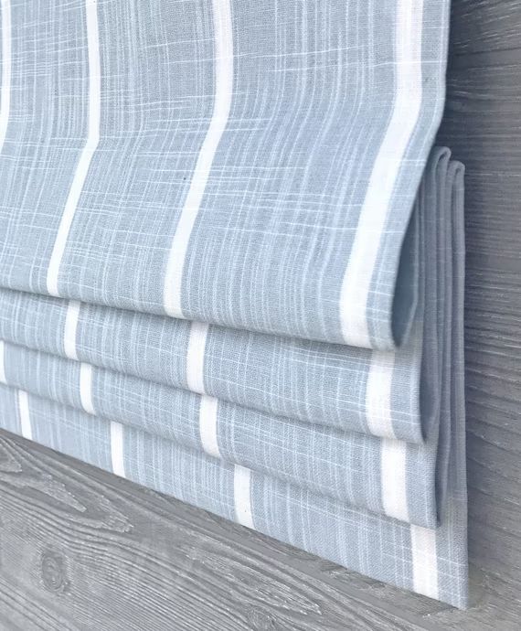 Mineral Blue and White Modern Farmhouse Stripe Faux Flat Roman Shade Valance; Lined; Premier Prin... | Etsy (US)