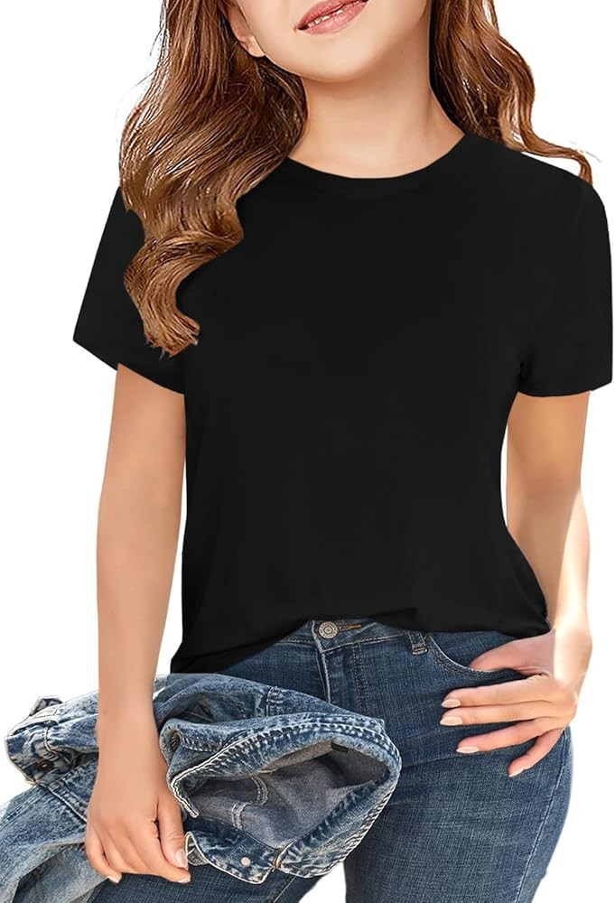 ZDC Girls' Short Sleeve Shirts Kids Crewneck T-Shirts Summer Tops Basic Tees 5-14 Years | Amazon (US)