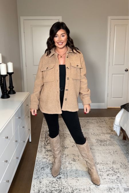 Abercrombie Outfit Inspo. Entire fit is on sale for cyber week. 30% off & extra 15% off with code “AFSHELBY” Wearing a medium in shacket and bodysuit and 29R in jeans  

#LTKCyberweek #LTKstyletip #LTKsalealert