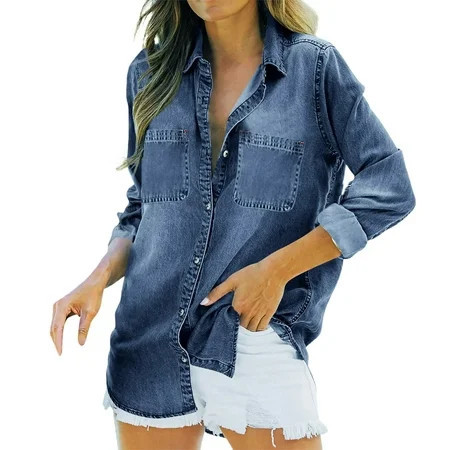 Women Fashion Solid Denim Casual Button Shirt Turndown Long Sleeve Shirt Blouse Top | Walmart (US)