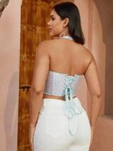 Apperloth A Sequin Lace Up Back Halter Top  SKU: sz2303088295690540(51 Reviews)$11.49S3 Exclusive... | SHEIN