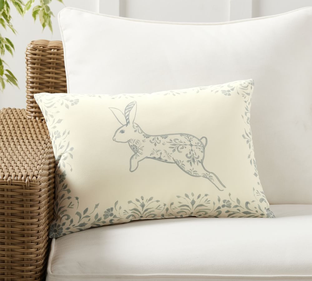 Watercolor Bunny Indoor/Outdoor Pillow, 14&amp;quot; x 20&amp;quot;, Chambray | Pottery Barn (US)